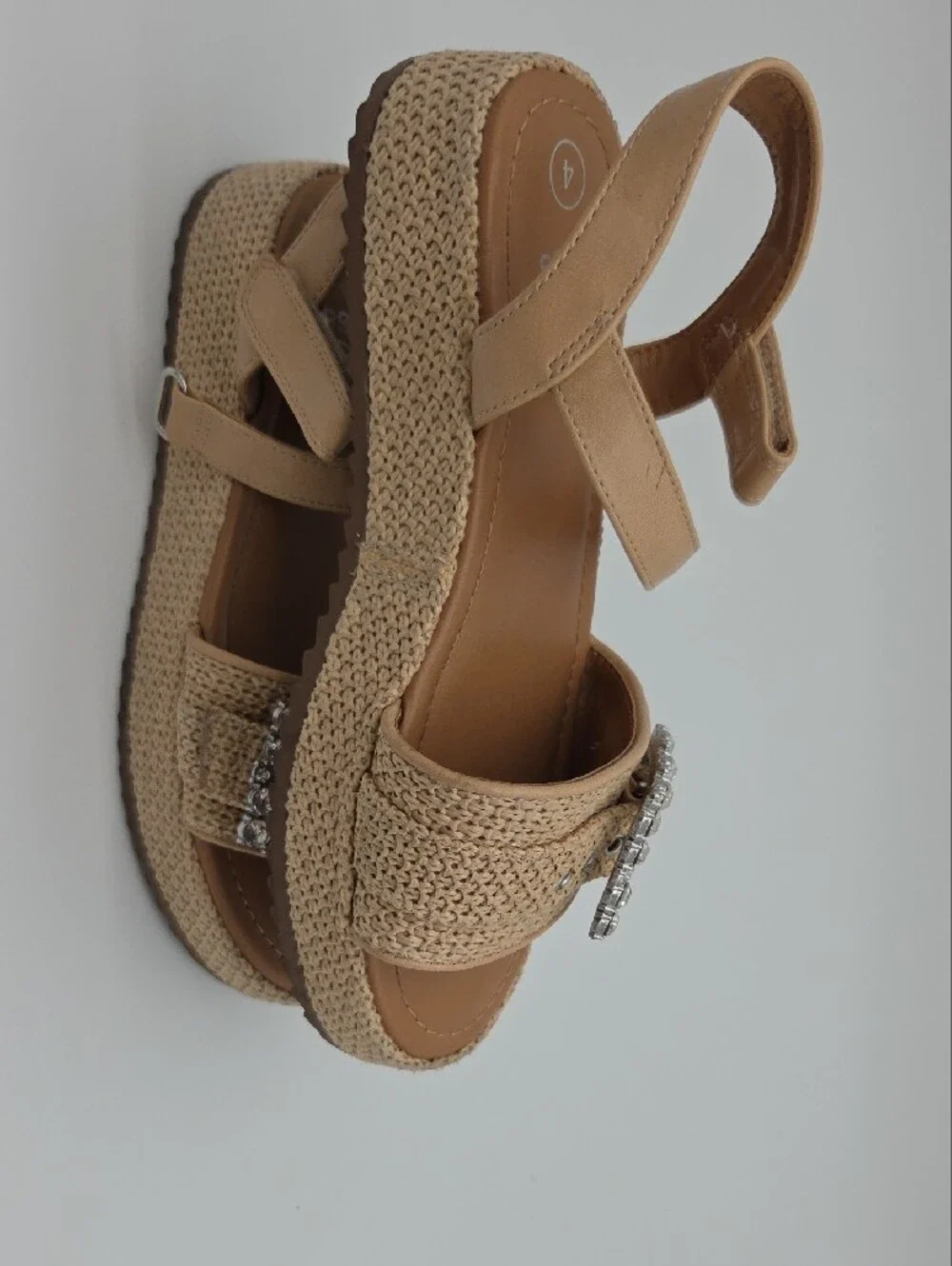 #026 Beige Raffia Platform Sandals with Crystal Buckles